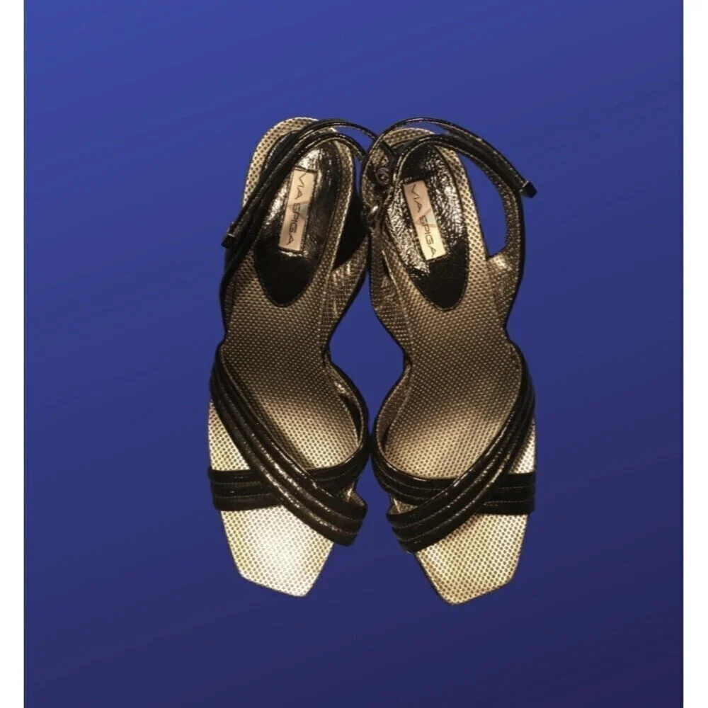 VIA SPIGA Faux Patent Leather Platform Wedge Sandal, GLOSS BLACK, Size 8.5,NWOB*